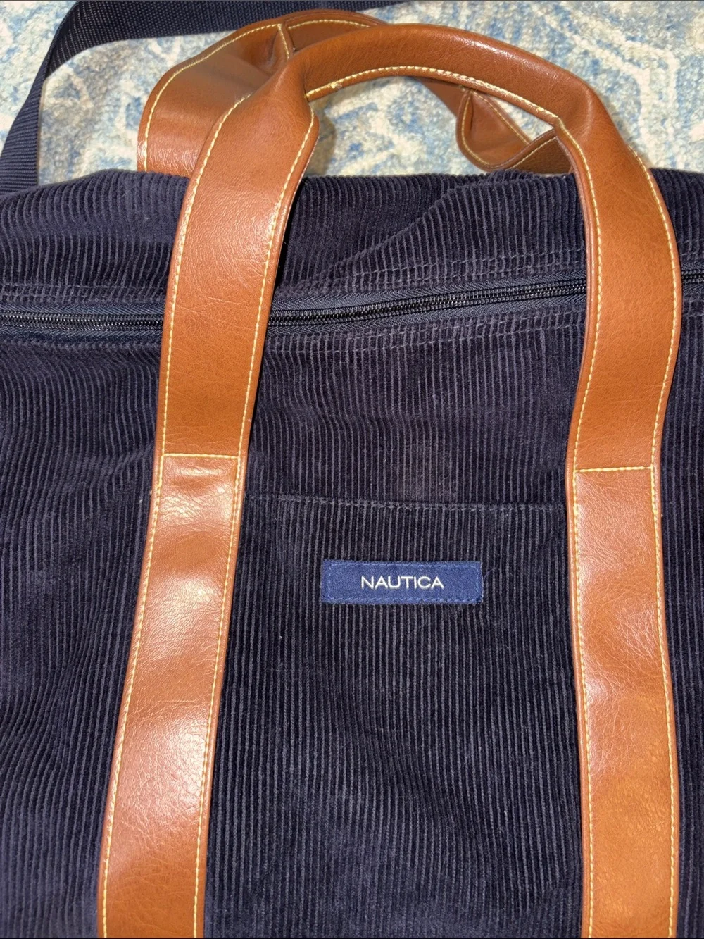 Nautica Navy Corduroy Duffel with Brown Trim and Strap